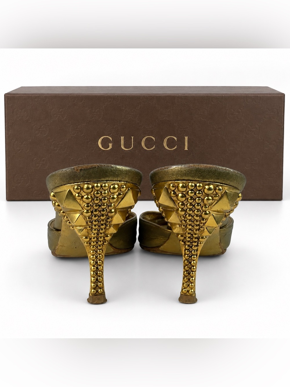Gucci Metallic Gold Studded Leather Peep Toe Mule Sandals Size 8